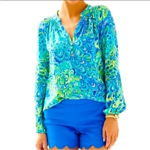 Lilly Pulitzer Elsa Silk Top Lilly’s Lagoon Blue XXS